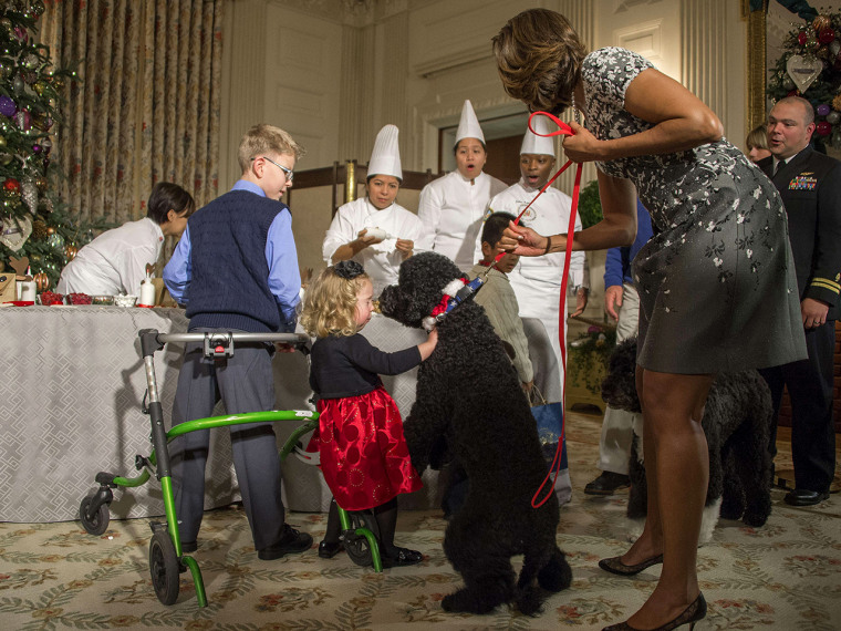 US First Lady Michelle Obama (R) pulls on her dog Sunny as two-year-old Ashtyn Gardner reacts during the White House Christmas decorations viewing at ...
