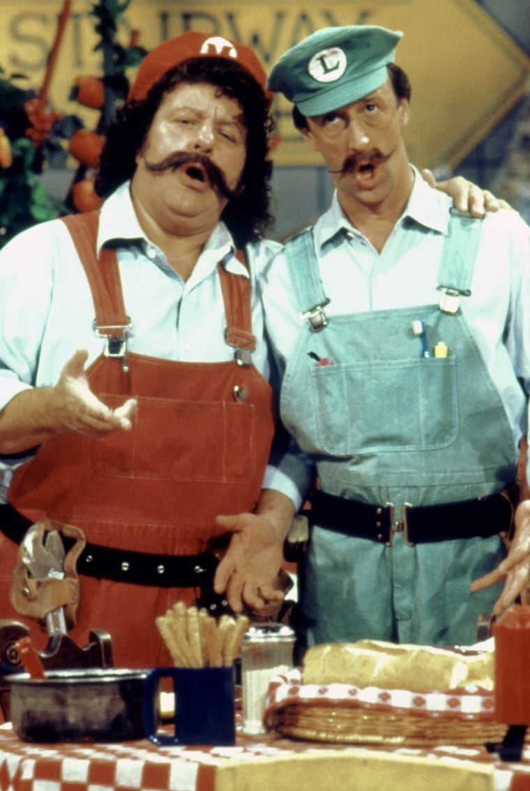 Danny Wells, right, with Capt. Lou Albano on \"Super Mario Bros. Super Show.\"
