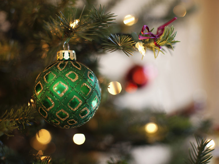 An ornament hangs on a Christmas tree.