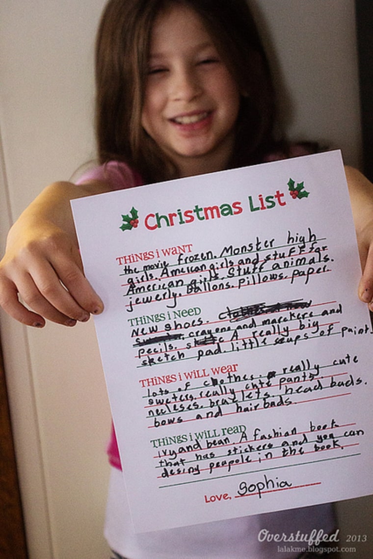 Sophia, 7, and her revised holiday wish list.