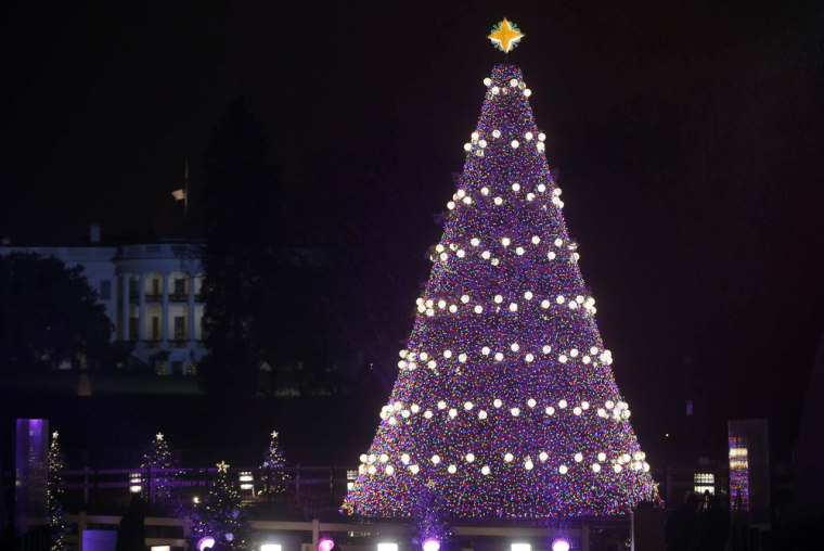 The National Christmas Tree with the White House in the background as seen from the Ellipse after President Barack Obama, first lady Michelle Obama, d...