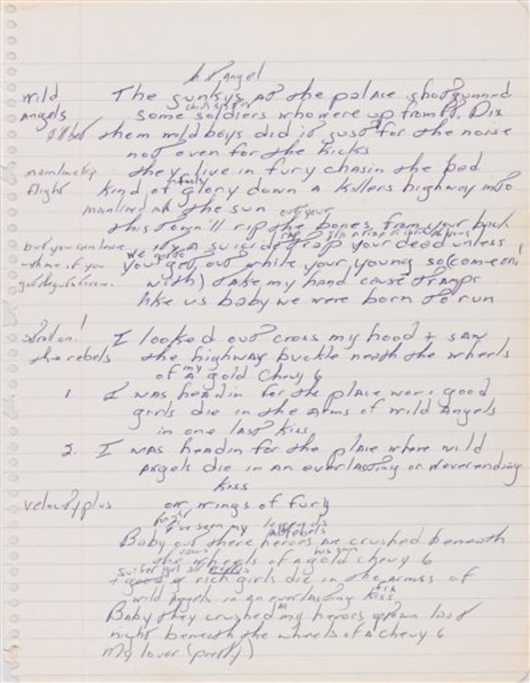 A page from the handwritten manuscript of Bruce Springsteen's 1975 hit, \"Born to Run.\" It was expected to sell for as much as $100,000 and nearly doubled that at auction.