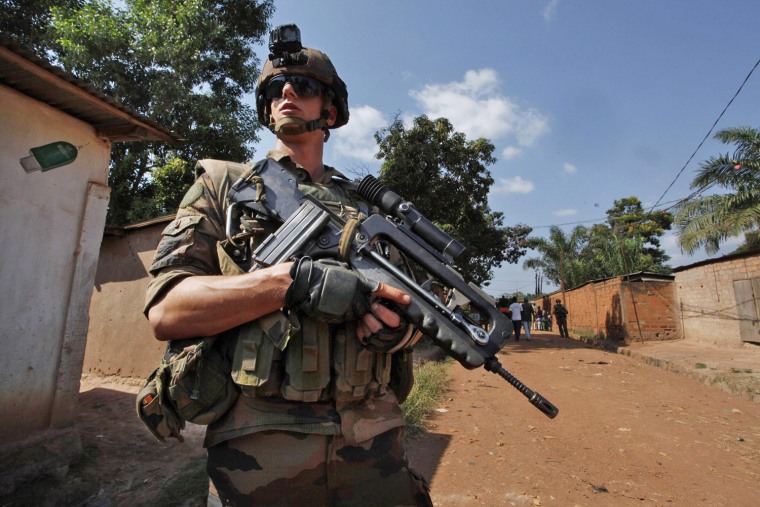 A French soldier patrols in Bangui, Central African Republic, on Saturday.