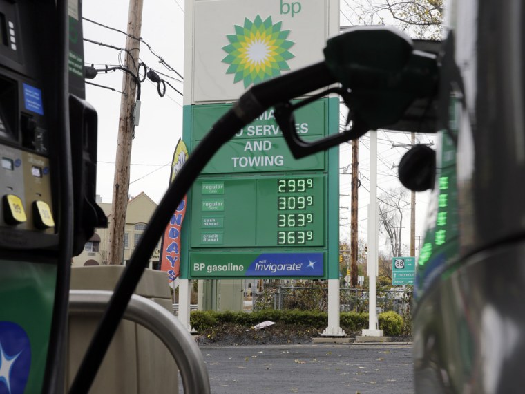 A sign at a BP filling station says regular gas is $2.99, per gallon in Lakewood, N.J., Tuesday, Nov. 12, 2013. Prices for regular gas at several gas ...