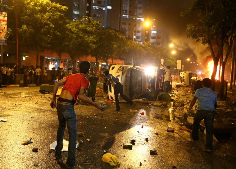 Rioters in Singapore's Little India district on Dec. 8, 2013. Hundreds of South Asian workers rioted after being enraged by a fatal road accident.