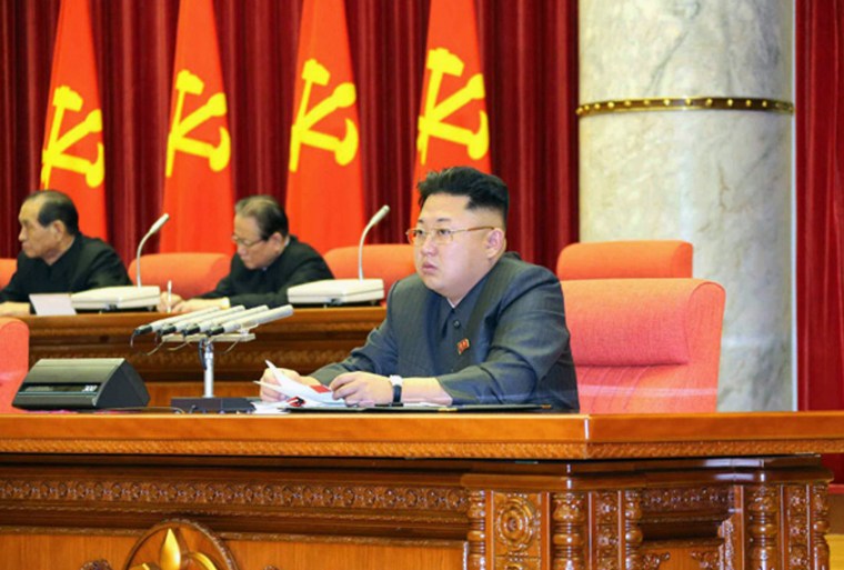 Kim Jong Un attending the enlarged meeting of the Political Bureau of the Central Committee of the Workers' Party of Korea in Pyongyang on Sunday.