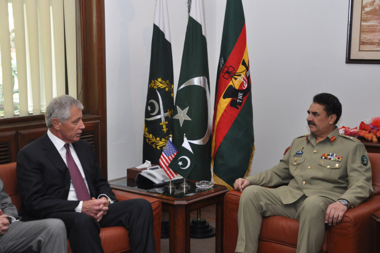 Defense Secretary Chuck Hagel meets with Pakistan's army chief General Raheel Sharif in Rawalpindi on Monday.