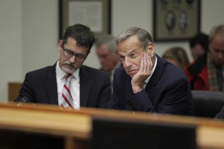 Former San Diego Mayor Bob Filner is pictured with Earll Pott, a member of his defense team, during his sentencing hearing in San Diego, California, December 9, 2013.