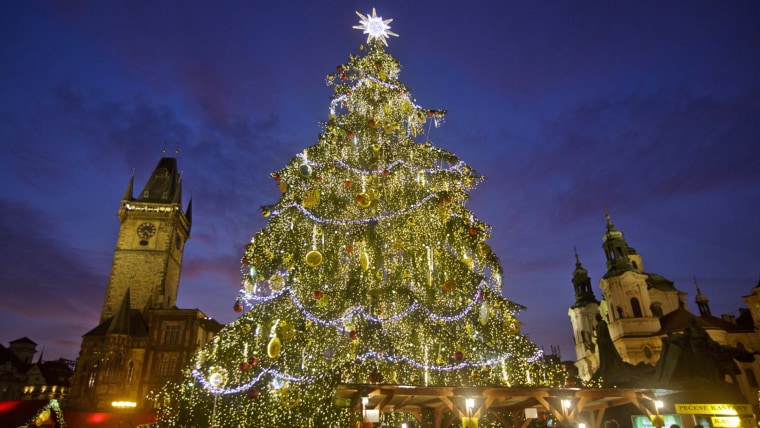 PRAGUE, CZECH REPUBLIC - DECEMBER 02:  A christmas tree stands at the Christmas market at the Old Town Square on December 2, 2013 in Prague, Czech Rep...