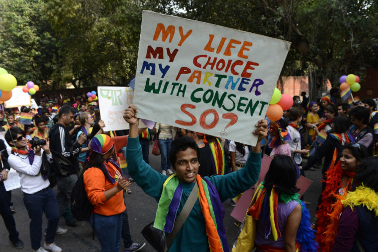 Members of the lesbian, gay, bisexual, transgender community and supporters attend the 5th Delhi Queer Pride parade in New Delhi in 2012.