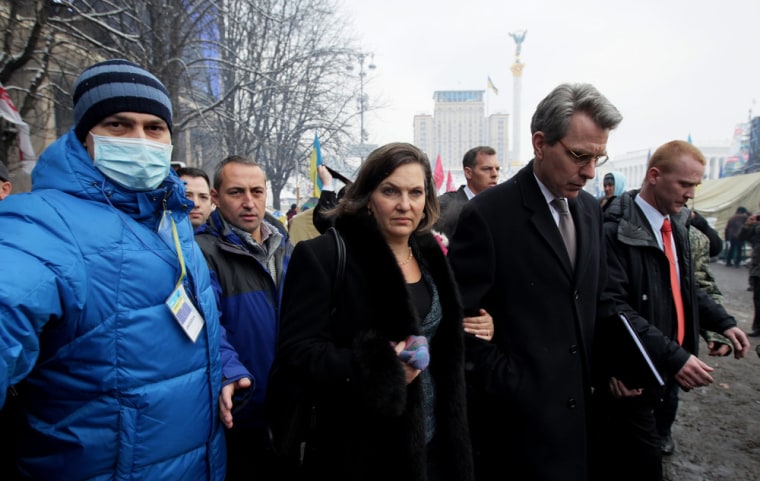 US Assistant Secretary for European and Eurasian Affairs Victoria Nuland (C) after meeting with opposition leaders at the Independence Square in Kiev.