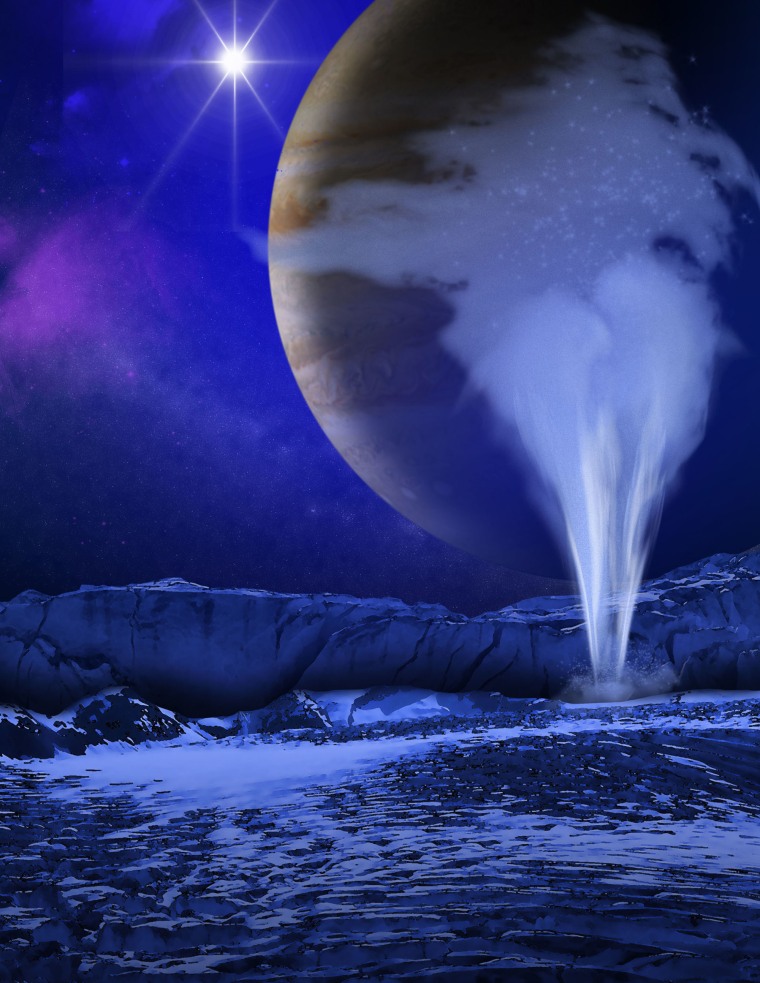 An artist's illustration of Jupiter's icy moon Europa, with a water geyser erupting in the foreground while Jupiter appears as a backdrop. Images from the Hubble Space Telescope suggest Europa may have water plumes like Saturn's moon Enceladus. Image released Dec. 12, 2013