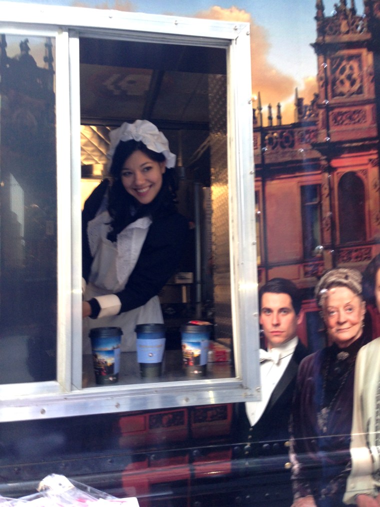 After they got their cups of tea, folks could pose against the truck's scenic backdrop.