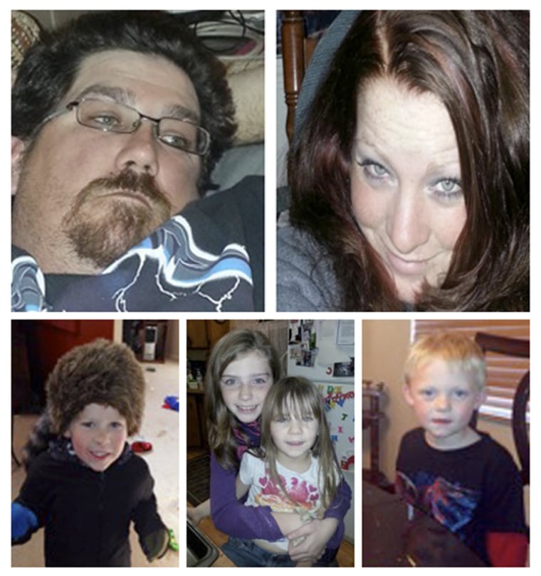 A combination photo shows (clockwise from top left) James Glanton, 34, Christina McIntee, 25, Tate McIntee, Chloe Glanton, Shelby Fitzpatrick and Evan...