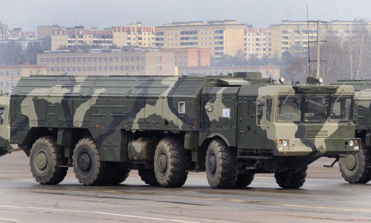 A Russian Iskander ballistic missile launcher is rolled during a rehearsal for a military parade outside Moscow in April 2010. Russia has said all Russian missile brigades will be armed with Iskander systems by 2020.