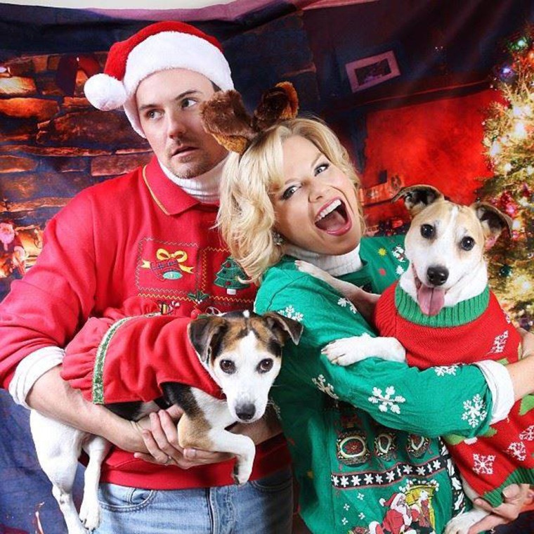 An image from Megan Hilty and husband Brian Gallagher's holiday card, which they joke is called the \"Ugly Sweater Awkward Christmas Photo.\"