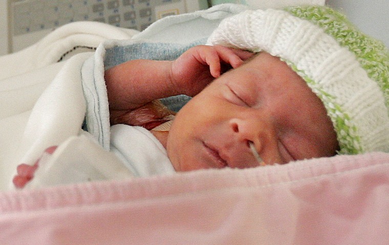 . Premature baby Matthew Hirsh, born at 28 weeks, lies in the neonatal intensive care unit during the March of Dimes' Prematurity Awareness Month at New York University Medical Center