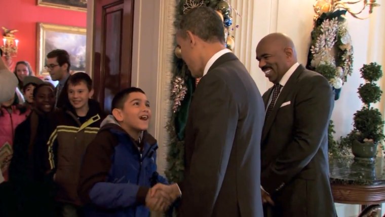 A young boy named Jordan gets a surprise greeting from President Obama while on a White House Christmas tour. \"You have ears just like mine,'' Obama told him.