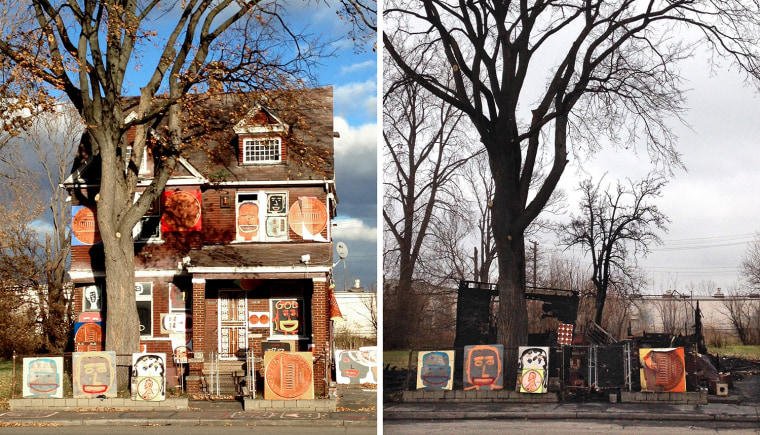 The Penny House at the Heidelberg Project on Nov. 11, 2013, before it burned, left, and after it burned on Thursday, Nov. 21, on Detroit's east side.