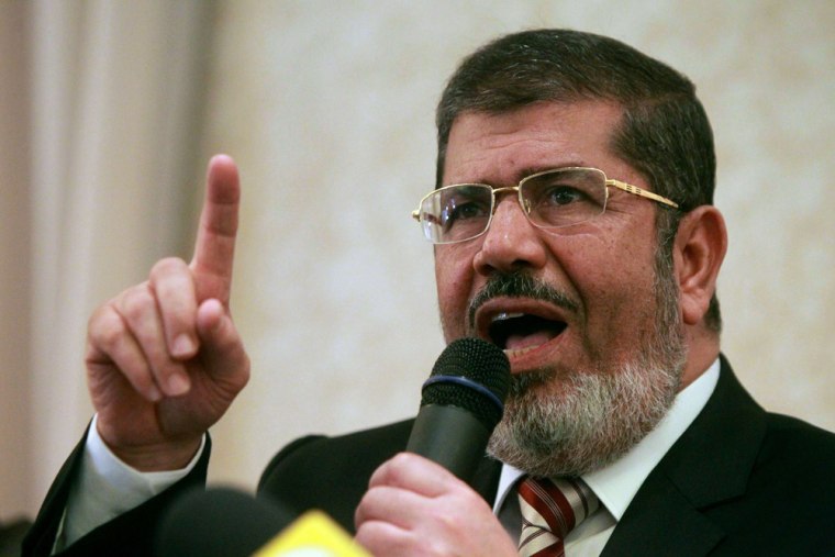 Mohamed Morsi speaks during a press conference in Cairo while running as the Muslim Brotherhood candidate for president in this May 2012 file photo.