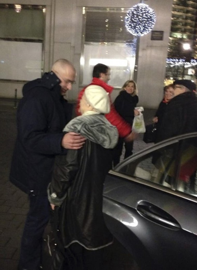 Former oil tycoon Mikhail Khodorkovsky embraces his mother, Marina, in Berlin.