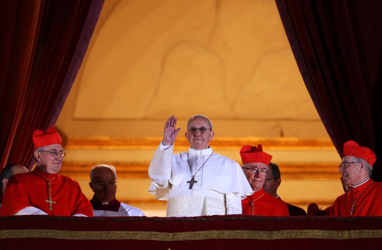 Newly elected Pope Francis appears on the central balcony of St. Peter's Basilica on March 13, 2013, in Vatican City. Argentinian Cardinal Jorge Mario Bergoglio was elected as the 266th Pontiff and will lead the world's 1.2 billion Catholics.