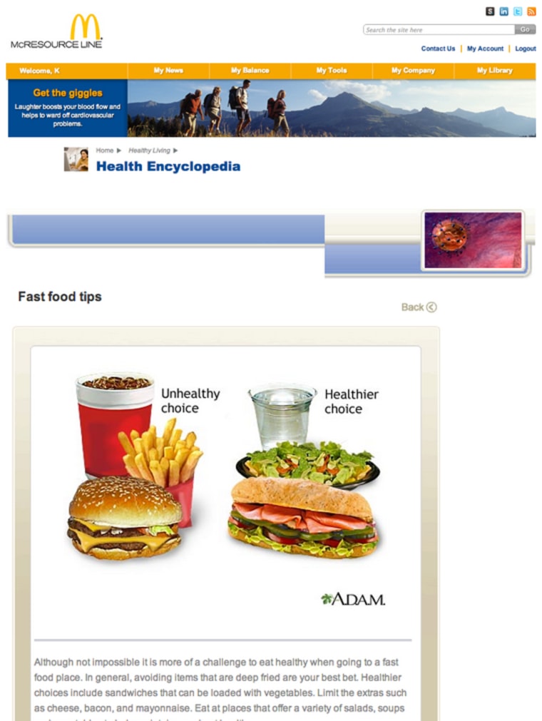 McDonald's employee website tells workers that it's hard to find healthy options at a fast food restaurant.