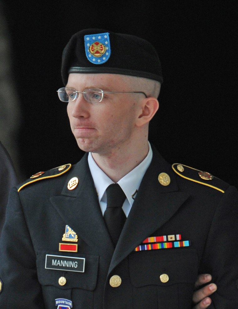 Army Pfc. Bradley Manning, now called Chelsea Manning, is escorted from court in Fort Meade, Md., on July 27.