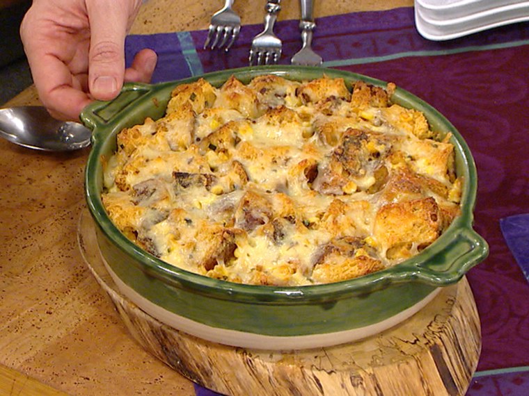 Savory bread pudding with corn, cheddar and thyme