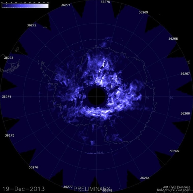 Observations from NASA's AIM spacecraft on Dec. 19, 2013, show noctilucent clouds (NLCs) over the South Pole.