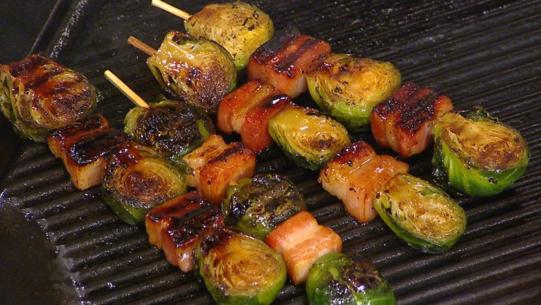 Bacon bourbon Brussels sprout skewers