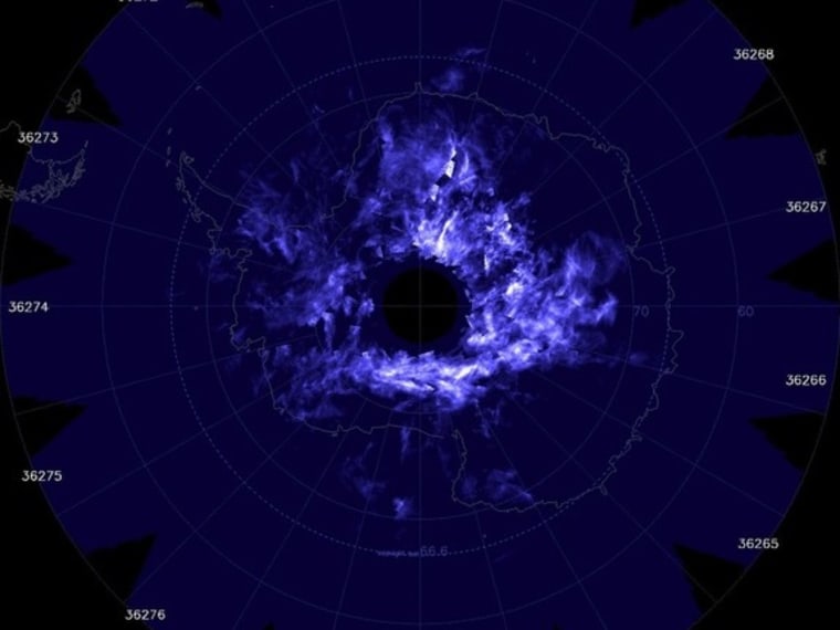 Observations from NASA's AIM spacecraft on Dec. 19, 2013, show noctilucent clouds (NLCs) over the South Pole.