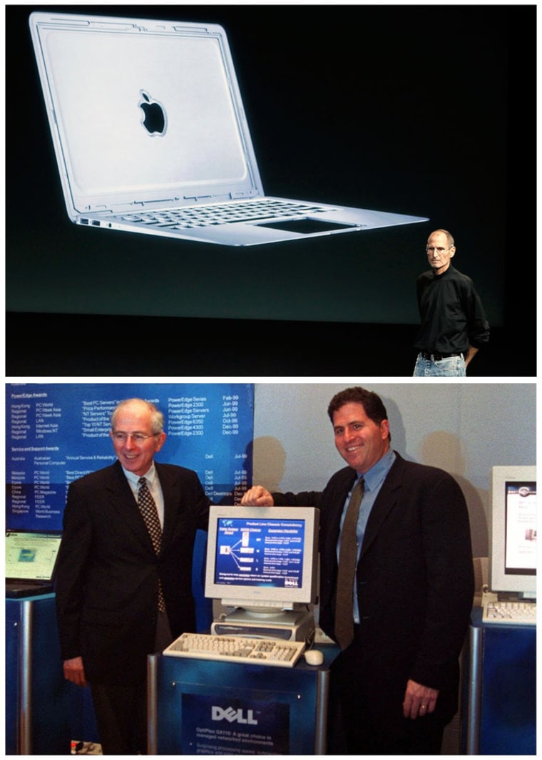 As appliances and electronics have gotten more efficient, energy use has dropped. In this combination of Associated Press file photos, Apple CEO Steve Jobs, top, talks about the new Apple Macbook Air laptop at Apple headquarters on Oct. 20, 2010, and bottom, Michael Dell, right, CEO of Dell, stands next to one his desktop computers in New Delhi, India, on Sept. 28, 2000.