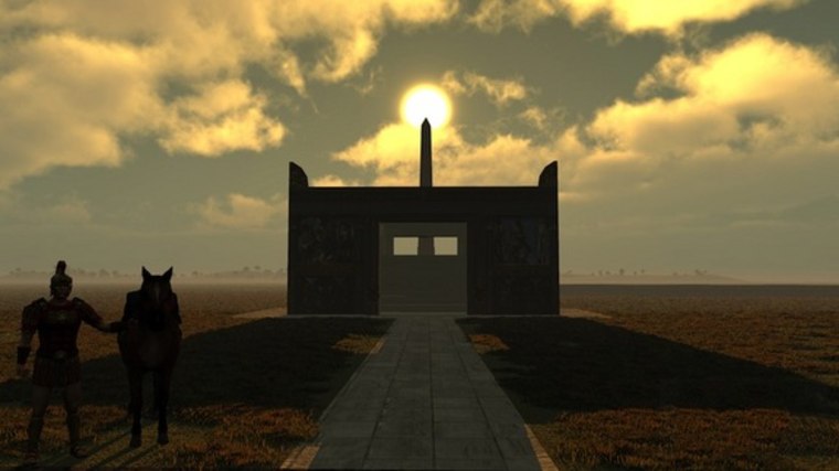 This virtual simulation shows the sun atop the obelisk with the Altar of Peace in the foreground.