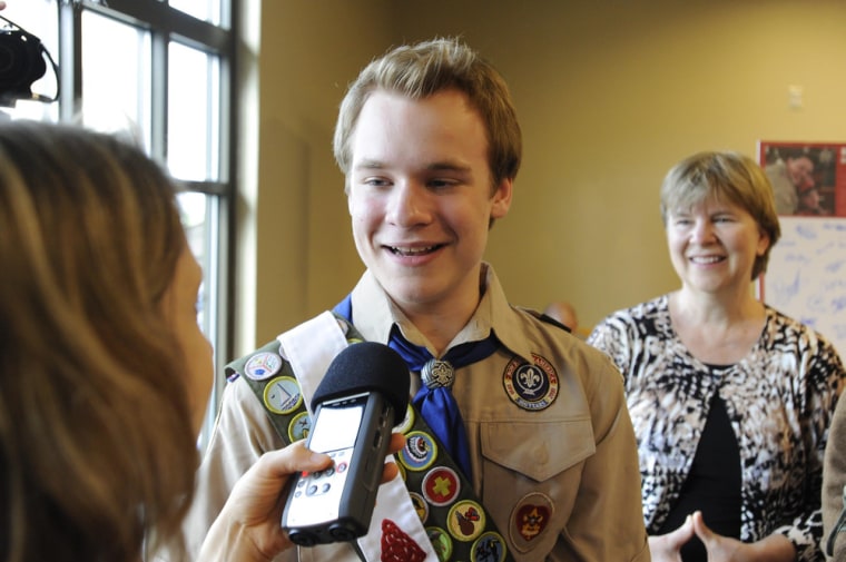 Pascal Tessier, 17, an openly gay Scout from Maryland who was facing expulsion from the Boy Scouts answers questions from the media after the resolution to allow gay scouts passed on May 23, 2013.