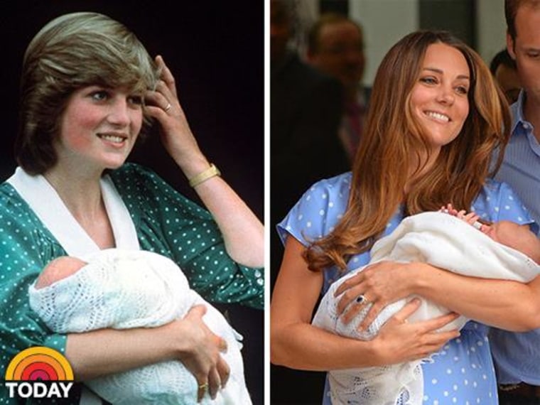 Then and now: Duchess Kate introduces the world to her newborn prince – just as Princess Diana did 31 years ago (polka-dot dress and all).