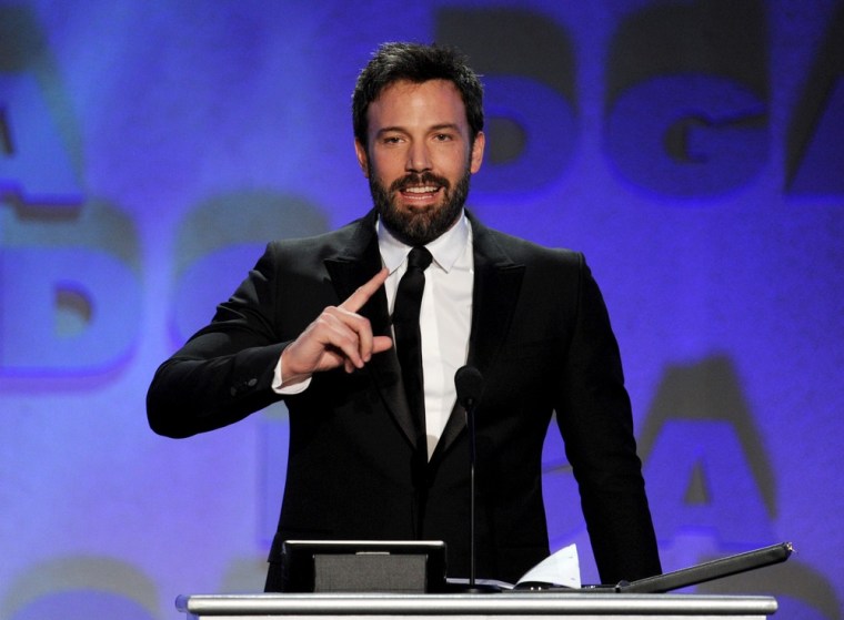 Director Ben Affleck accepts the feature film nomination plaque for \"Argo\" onstage during the 65th Annual Directors Guild of America Awards at Ray Dolby Ballroom in Los Angeles on Saturday, Feb. 2.