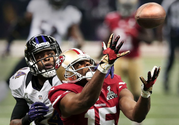 NEW ORLEANS, LA - FEBRUARY 03: Michael Crabtree #15 of the San Francisco 49ers can't make a catch on a pass attempt in the third quarter against Core...