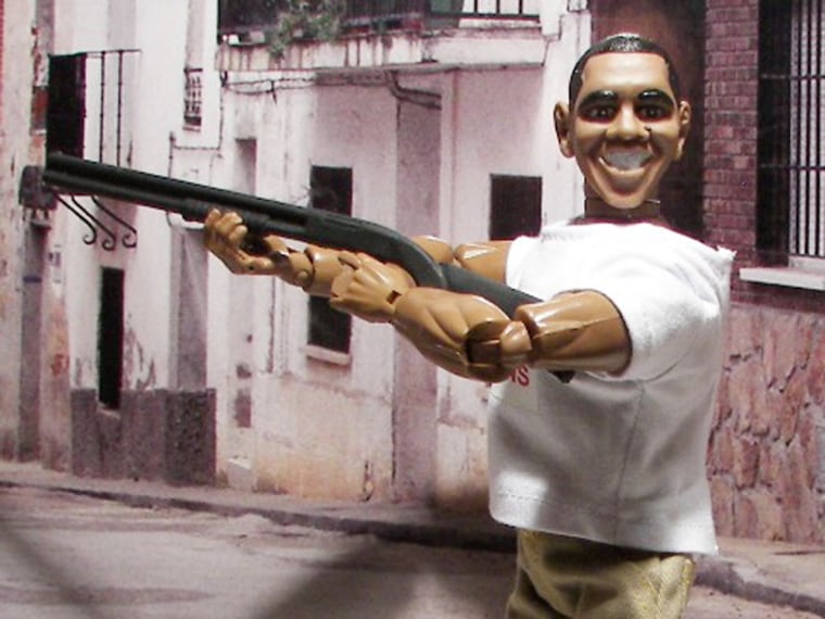 This Obama doll shows the President holding a gun for skeet shooting.