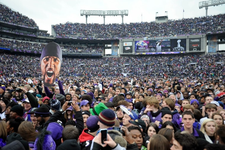 Thousands of Baltimore Ravens NFL football fans fill M&T Bank Stadium celebrate the team's Super Bowl championship during a rally in Baltimore on Tuesday, Feb. 5, 2013. The Ravens defeated the San Francisco 49ers 34-31 in New Orleans on Sunday. (AP Photo/Steve Ruark)
