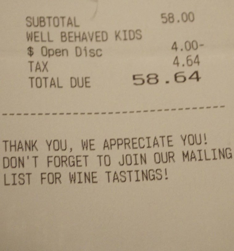 The restaurant receipt notes a discount for the King kids' good behavior.