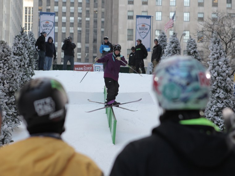 Slopestyle skier and Olympic hopeful Kerri Herman, a 30-year-old from Minnesota, shows off her skills on the TODAY plaza.