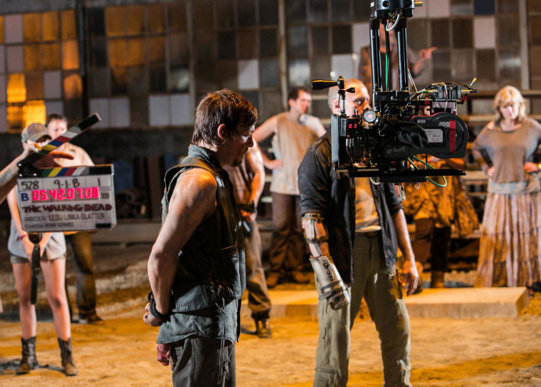 Norman Reedus (Daryl) and Michael Rooker (Merle) on the set of \"Walking Dead.\"