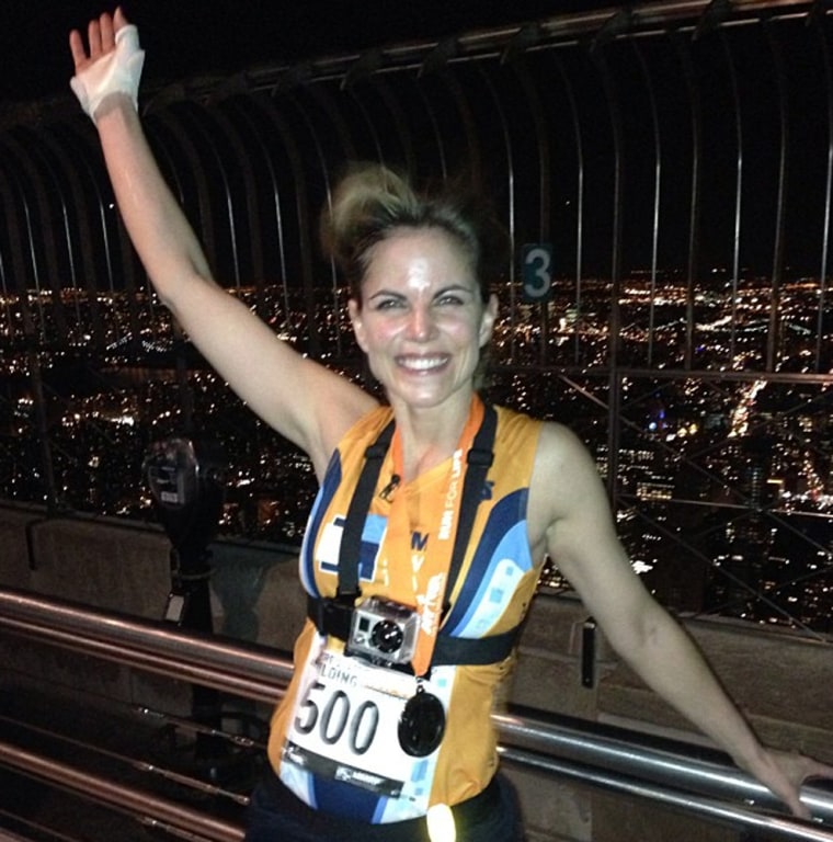 \"I did it!\" Natalie Morales at the top of the Empire State Building, after climbing all 1,576 steps in a fund-raiser for the Multiple Myeloma Research Foundation.