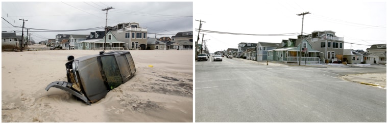 LET: A destroyed sport utility vehicle at the intersection of Brielle Road and First Avenue on the Manasquan beachfront was one of the first images to be transmitted from the Jersey Shore after Sandy's storm surge subsided. RIGHT: The same intersection 100 days later.