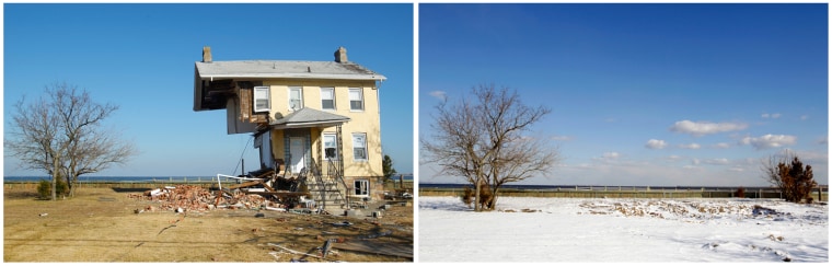 LEFT: One of the most iconic images of Hurricane Sandy, the lemon yellow home in Union Beach split in half, but remained standing. RIGHT: The same property 100 days later.
