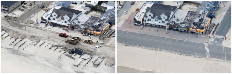 LEFT: Work begins to clean up Ocean Avenue between 17th and 16th Avenues in Belmar on Wednesday after Hurricane Sandy wreaked havoc on the Jersey Shore. RIGHT: How Ocean Avenue looks today.