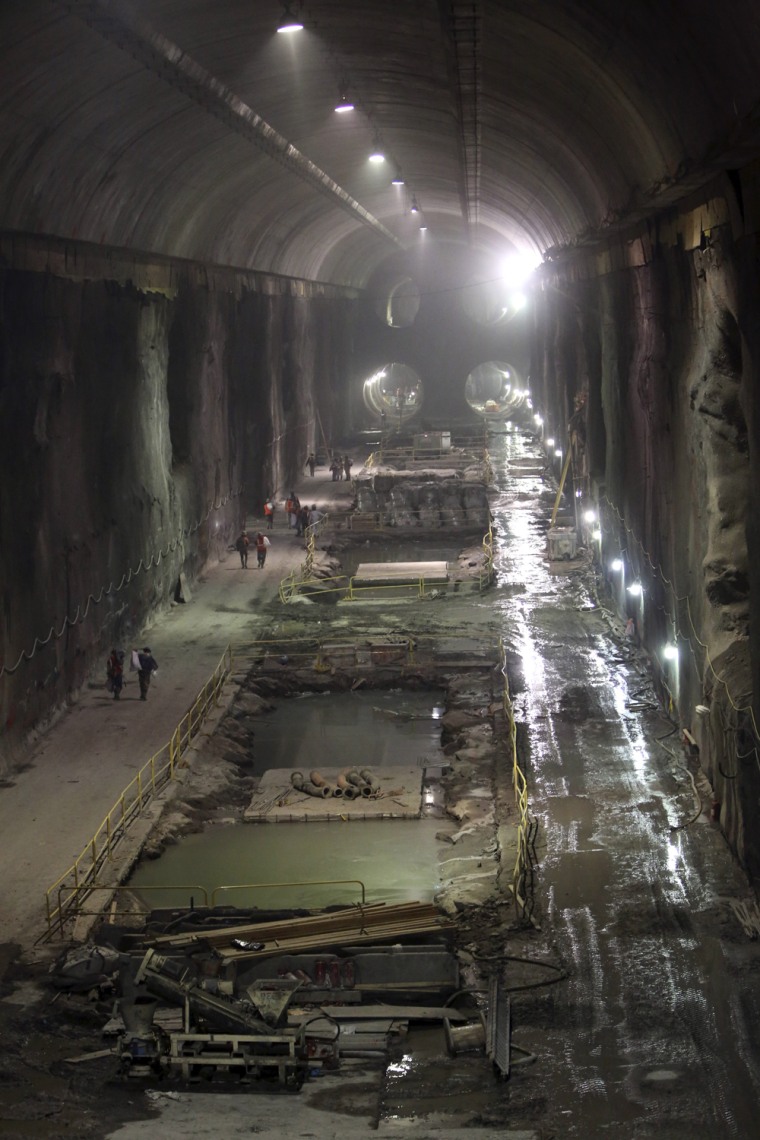 In this Tuesday, Jan. 29, 2013 photo, contractors work on the East Side Access project beneath midtown Manhattan, in New York. The East Side Access is one of three bold projects under New York that will expand what's already the nation's biggest mass-transit system by 2019.
