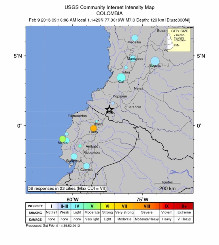 An intensity map shows the location of a strong 7-magnitude earthquake that struck southwestern Colombia.