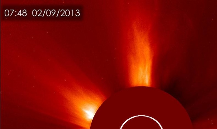 One of the views of the coronal mass ejection released by the sun on Feb. 9, 2013 as seen by the Solar and Heliospheric Observatory.